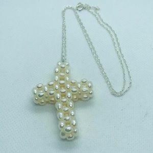 NEW - Freshwater Pearl Cross Pendant & 20.5” Silver Link Chain